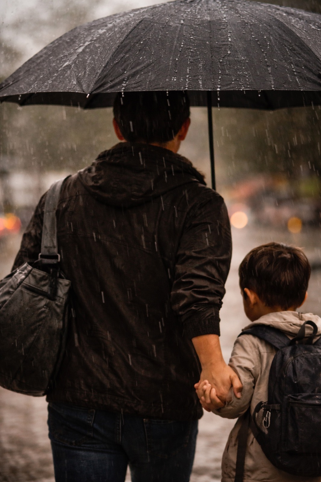 Parent and child walking under an umbrella in the rain
