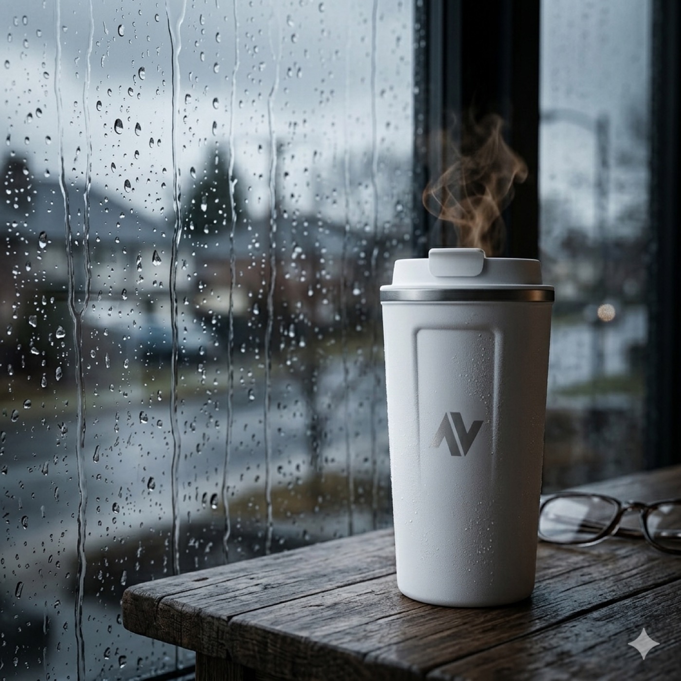 White Aqua Vibez tumbler by a rainy window